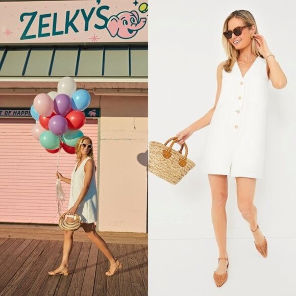 Tuckernuck Pants - Tuckernuck NEW White Textured Tweed V Neck Myla Minimalist Romper